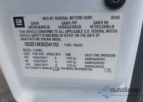 2005 Chevrolet Silverado 1500 Work Truck from USA, damaged, VIN 1GCEC14X05Z341153